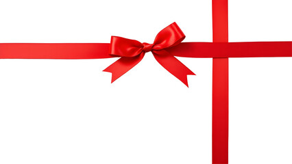 Red ribbon bow for gift box decoration, elegant festive ornament, shiny red ribbon with bow, isolated PNG on transparent background. birthday, and holiday gift wrapping designs