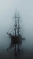 Obraz premium A hauntingly beautiful silhouette of a sailing ship emerges from a dense fog, reflecting gently on the tranquil water surface. The ship, featuring multiple tall masts and intricate rigging, stands sti