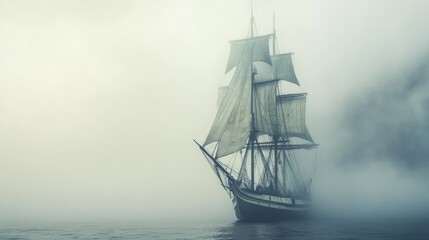 Fototapeta premium Vintage Frigate sailing into a fog bank