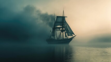 Fototapeta premium Vintage Frigate sailing into a fog bank