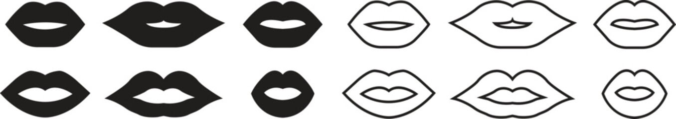 Lips gesture black flat and line icons set. Mouth expressing emotions signs. Design elements for romantic poster. love symbols. Concept of beauty and fashion print isolated on transparent background.