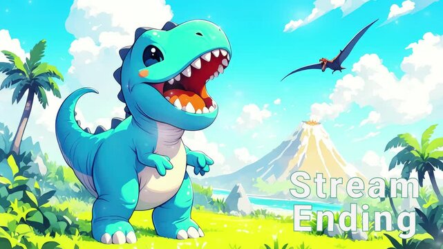 Vibrant dinosaur character celebrates a fun adventure in a tropical landscape stream ending overlay seamless loop Vtuber streamer asset twitch zoom OBS screen animated wallpaper virtual background