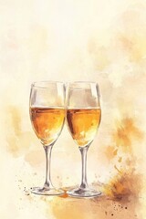 Champagne glasses clinking, golden background, pastel colors.