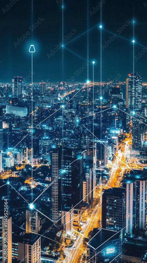 Poster a digital control center in a futuristic city managing infrastructure via glowing 5g data streams.