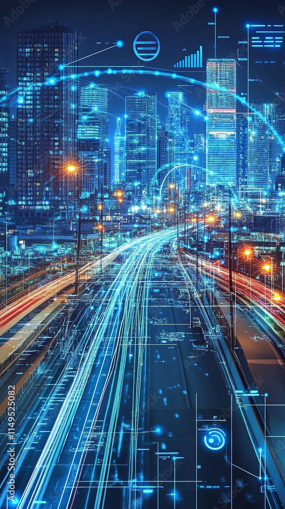 Poster a digital control center in a futuristic city managing infrastructure via glowing 5g data streams.