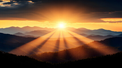Majestic Sunset Rays over Appalachian Mountains, Dramatic Sky, Peaceful Landscape, Nature Background, Ideal for Travel Brochures. generative ai