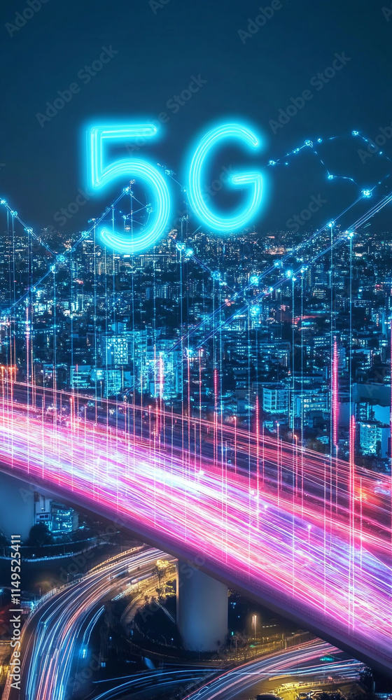 Poster a futuristic bridge with glowing railings symbolizing 5g connectivity spanning over a bustling digit