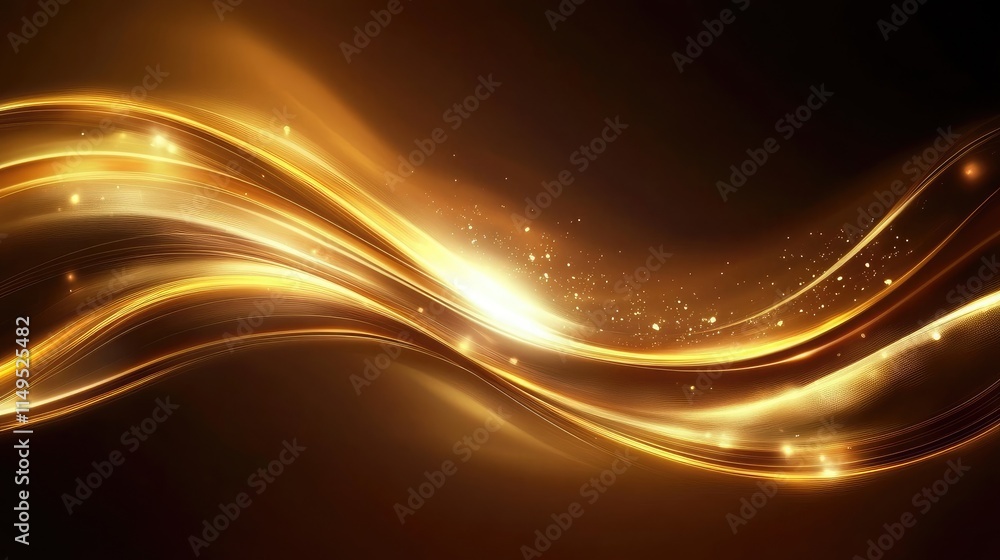 Poster a beautiful swirling abstract background with golden waves and sparkling lights for use in design, t