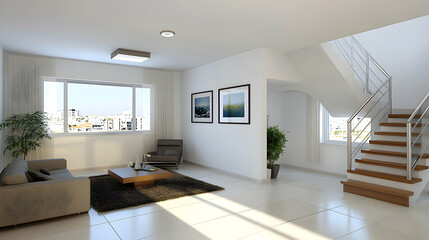 Fototapeta premium Modern apartment living room, city view, staircase, sunlight, interior design, real estate. generative ai