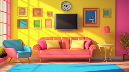 Vintage interior of living room with couch, armchair, clock and tv on stand. retro lounge with television screen, carpet, lamp and picture frames on colorful wall