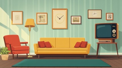 Vintage interior of living room with couch, armchair, clock and tv on stand. retro lounge with television screen, carpet, lamp and picture frames on colorful wall