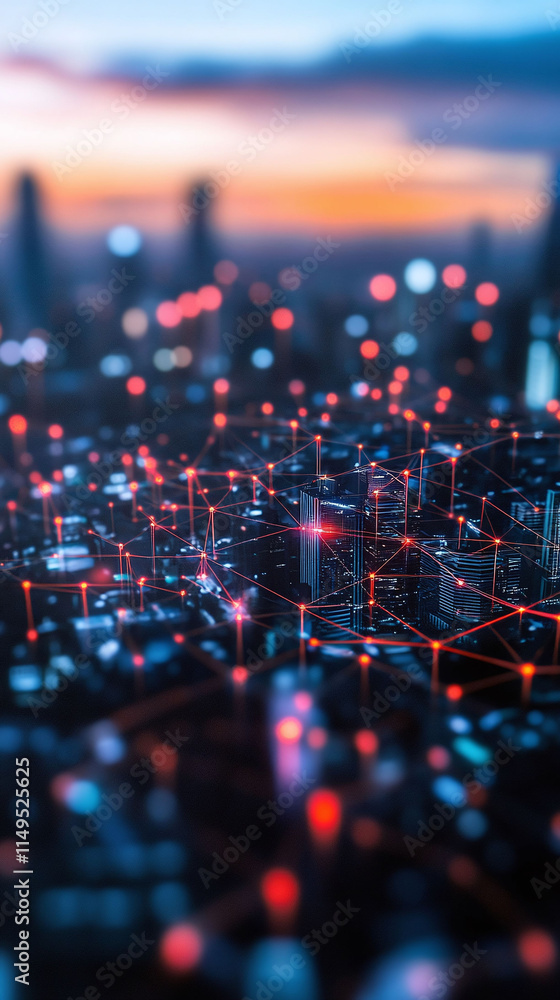 Poster a glowing smart city skyline at dawn with pulsating 5g data connecting ai-managed systems.