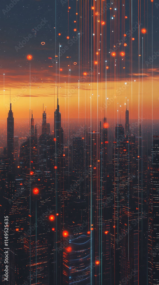 Poster a glowing smart city skyline at dawn with pulsating 5g data connecting ai-managed systems.