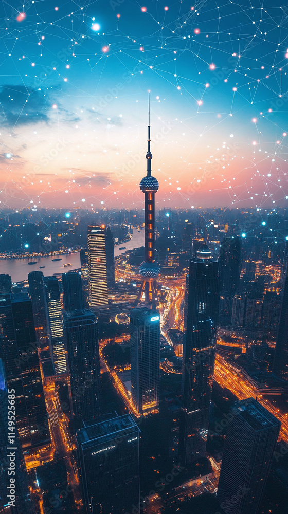 Poster a glowing smart city skyline at dawn with pulsating 5g data connecting ai-managed systems.