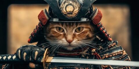 a cat wearing Japanese armor and helmet, with a sword