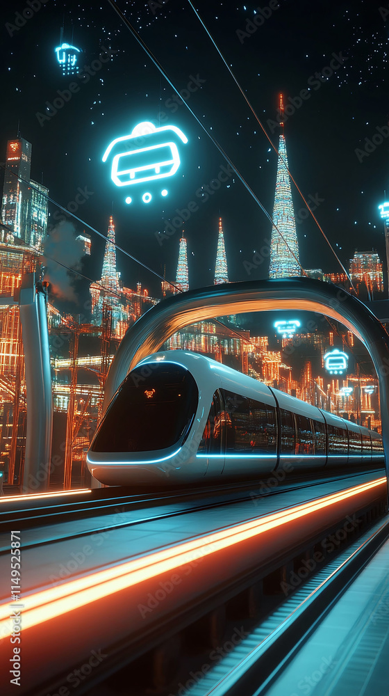 Poster a hyperloop train entering a futuristic city with glowing 5g symbols connecting infrastructure.