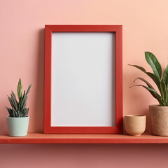 Minimalist framed print with potted plants on a shelf against a pastel wall, Ai generated images