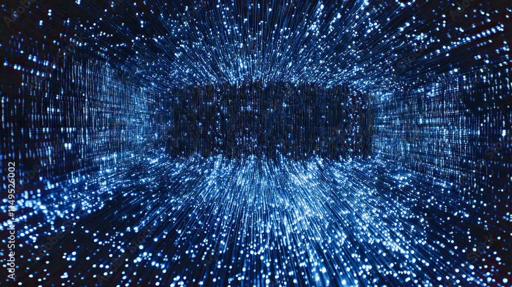 Poster futuristic data stream with blue digital matrix and pixel light patterns