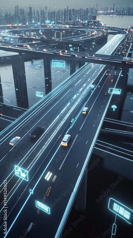 Poster a smart city bridge with holographic traffic signs dynamically updated via a 5g network.