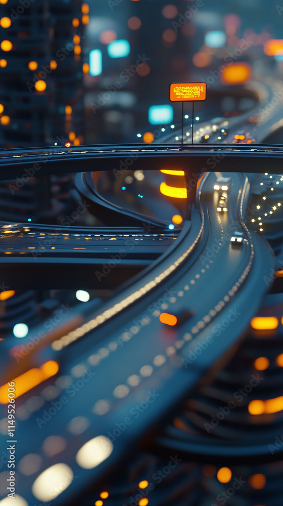 Poster a smart city bridge with holographic traffic signs dynamically updated via a 5g network.