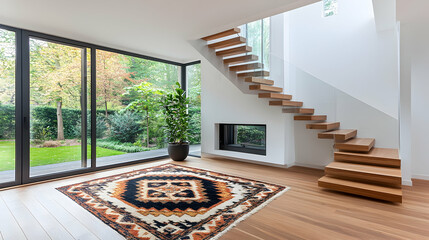 Modern home interior, wooden staircase, garden view, autumn foliage, real estate listing. generative ai
