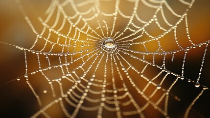 Fototapeta premium Dew-covered spiderweb at sunrise, intricate design, glistening water droplets.