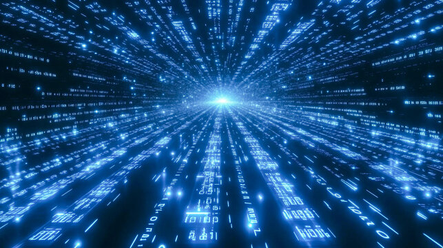 Futuristic digital matrix with blue glowing binary code in motion