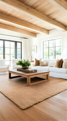 Modern Living Room Interior Design, Wooden Beams, Natural Light, Tranquil Scene, Home Decor. generative ai