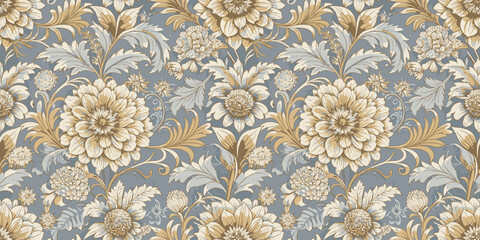 Elegant floral pattern featuring cream and gold flowers on a soft blue background.