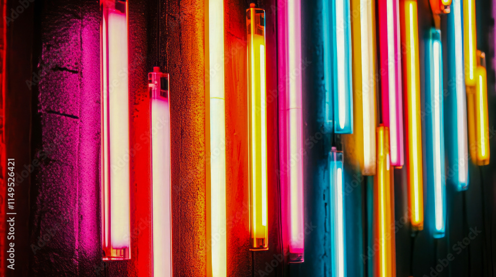 Poster vibrant neon lights display in multicolored vertical alignment
