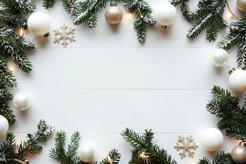 Festive Christmas Background with Fir Branches, Baubles, and Lights