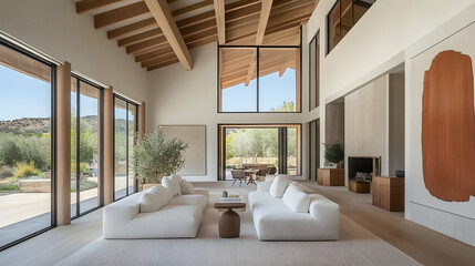 Modern Ranch House Living Room, California Landscape View, High Ceilings, Interior Design. generative ai