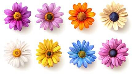 Set of colorful daisies flowers isolated on a white background