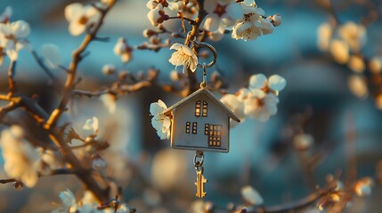 A house shaped key ring symbolizes house aspirations and is hanging from a blossoming limb