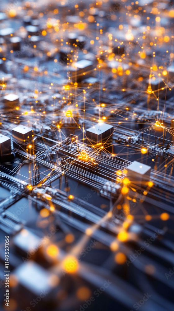 Poster aerial view of interconnected smart factories in a futuristic city all linked by a glowing 5g networ
