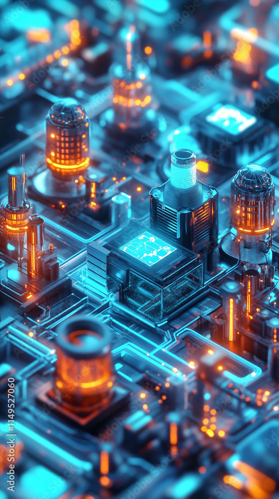 Poster aerial view of interconnected smart factories in a futuristic city all linked by a glowing 5g networ