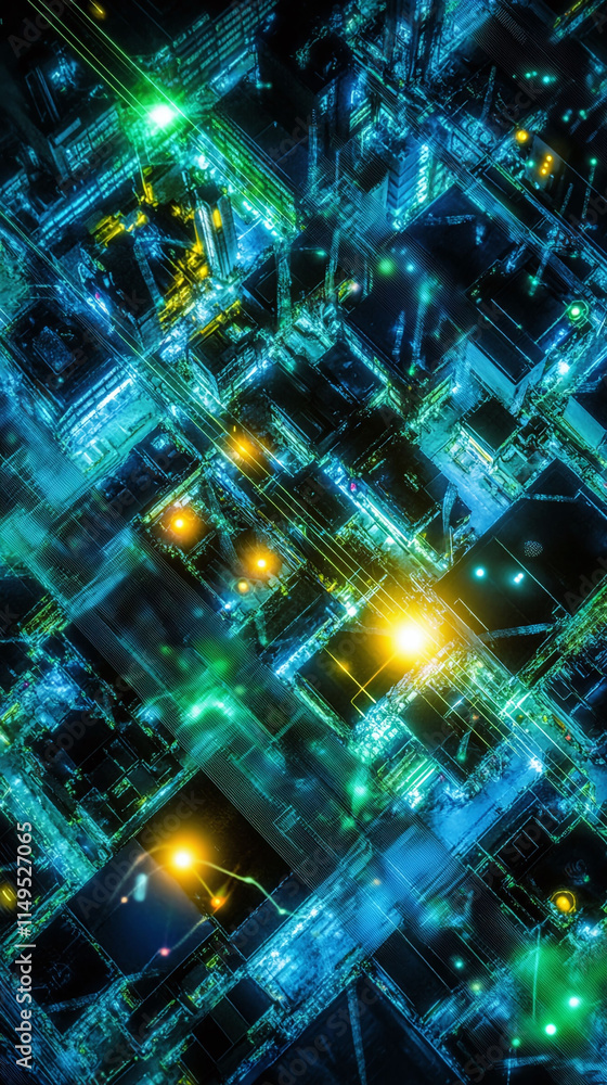 Poster aerial view of interconnected smart factories in a futuristic city all linked by a glowing 5g networ