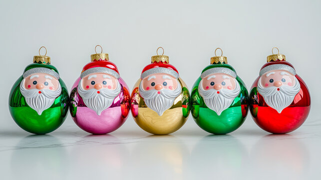 Colorful santa claus christmas ornaments in holiday array