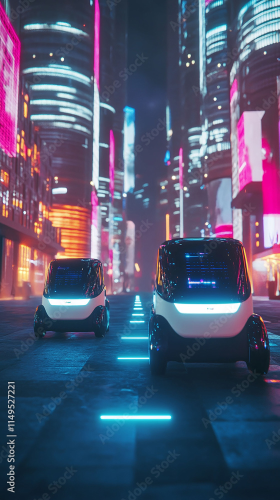 Poster autonomous delivery robots moving through a futuristic cityscape guided by glowing 5g pathways.