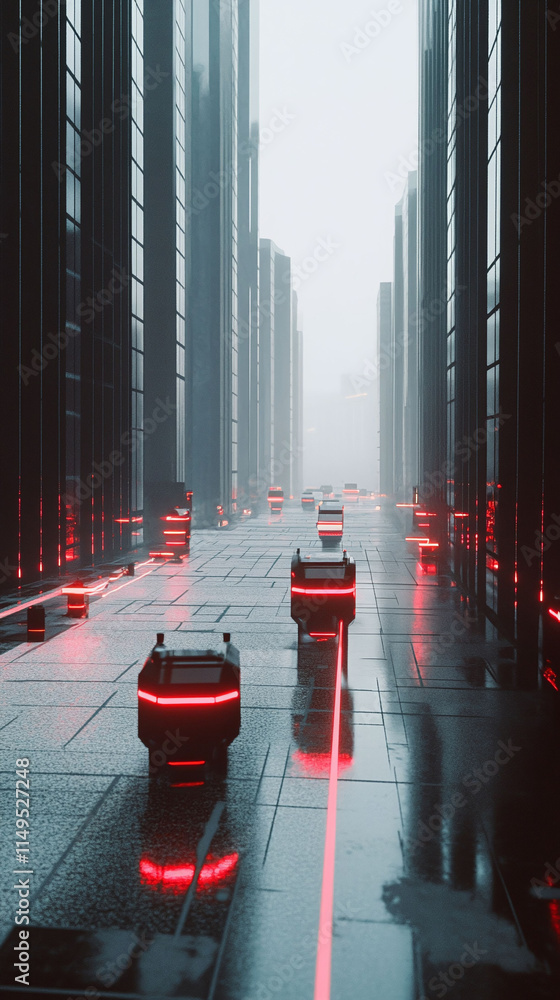 Poster autonomous delivery robots moving through a futuristic cityscape guided by glowing 5g pathways.