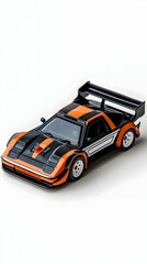 Naklejka premium Orange black diecast sports car model, studio shot, white background, toy car photography, for advertising. generative ai