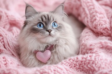 Fluffy Cat Wearing Pink Heart Charm Rests Comfortably on Soft Knit Blanket