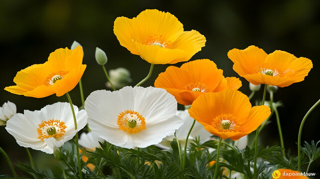 Orange and white poppies blooming in garden; vibrant floral background; ideal for greeting cards. generative ai