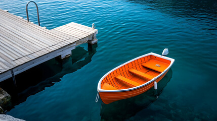 Obraz premium Orange rowboat moored at wooden dock, calm blue sea background, summer vacation travel. generative ai