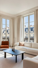 Parisian Apartment Living Room Sunlight City View. generative ai