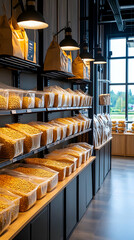 Pasta shop interior, bulk bins, modern design, bright window, food retail. generative ai