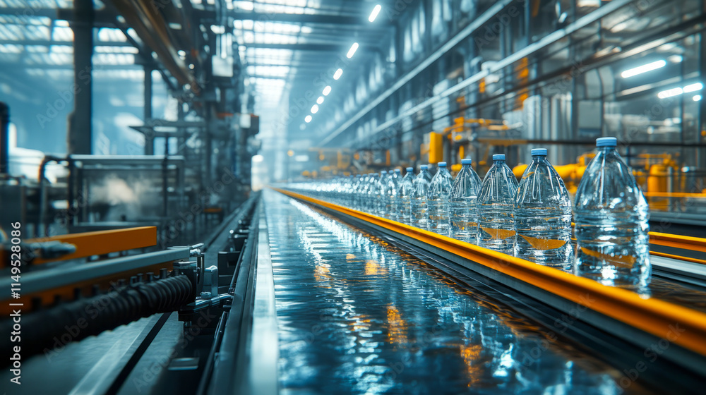 Poster automated bottling line producing water bottles in industrial factory setting