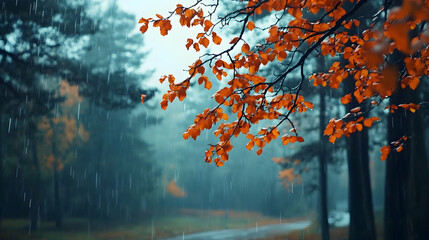 Rainy Autumn Forest Branch, Wet Leaves, Road Background, Nature Scene, Seasonal Design. generative ai