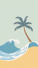 classic holiday resort poster featuring a palm tree and ocean waves
