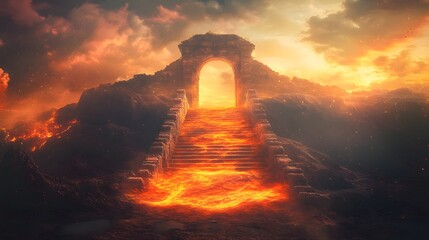 Fototapeta premium Fiery Stairway Leads To Ancient Archway In Volcanic Landscape